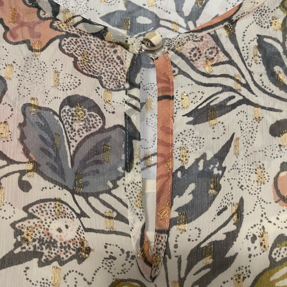 LOFT Flutter Flounce Shimmer Gold Swiss Dot Boho Feminine Floral Dress Pastel L - Picture 5 of 12